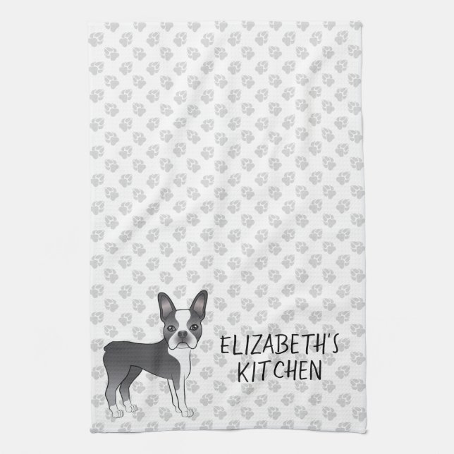 Blue And White Boston Terrier Cartoon Dog & Text Tea Towel (Vertical)