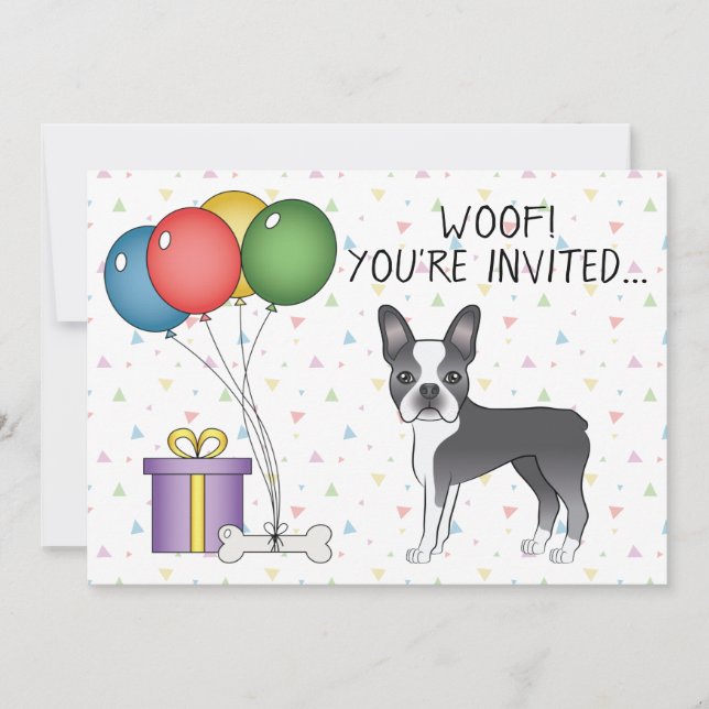 Blue And White Boston Terrier Cute Dog - Birthday Invitation (Front)