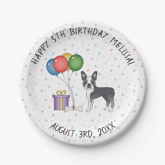 Blue And White Boston Terrier Cute Dog - Birthday Paper Plate (Front)