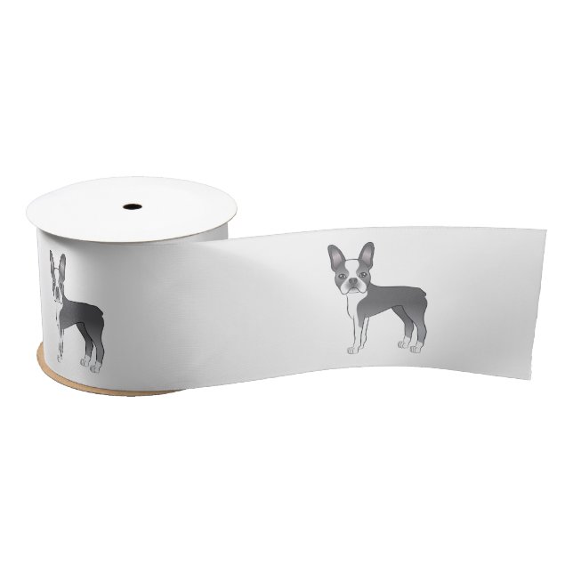 Blue And White Boston Terrier Dog Illustration Satin Ribbon (Spool)
