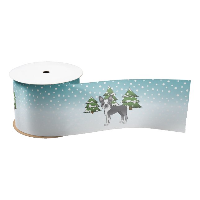 Blue And White Boston Terrier In A Winter Forest Satin Ribbon (Spool)