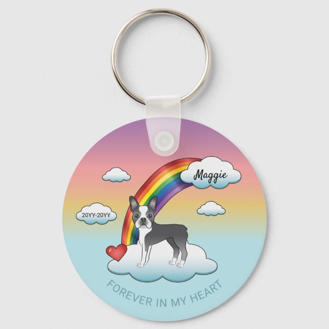 Blue And White Boston Terrier Rainbow Memorial Key Ring (Front)
