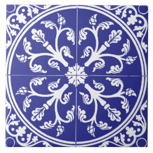 Blue and White Botanical Abstract Circle Vintage Tile