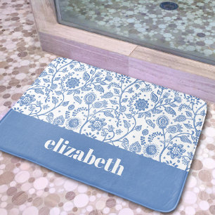 Blue and White Botanical Floral Custom Name Modern Bath Mat