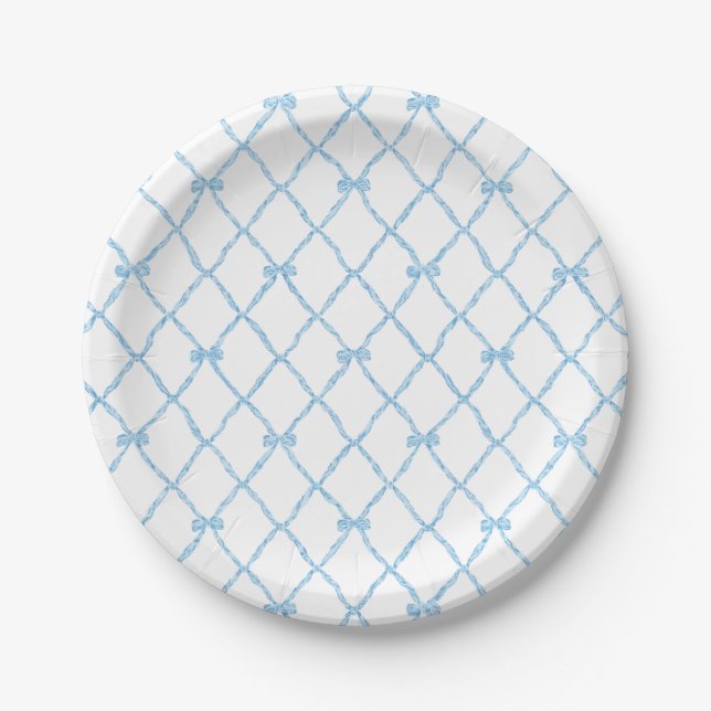 Blue and White Bow Trellis Paper Party Plate (Front)