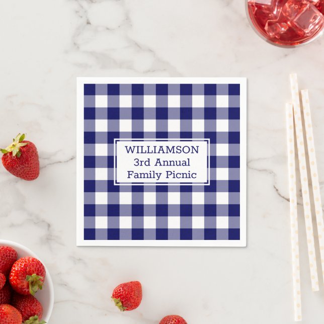Blue and White Buffalo Check Name Family Picnic Napkin (Insitu)