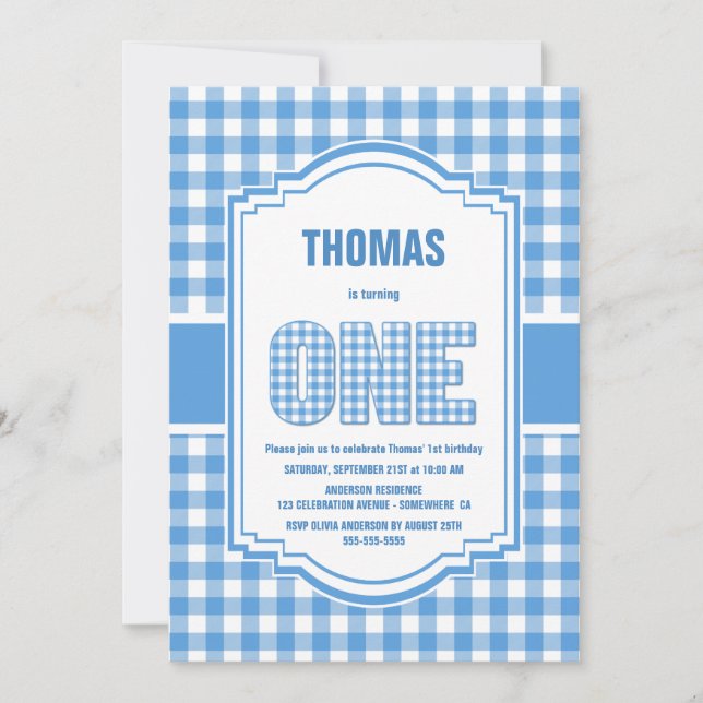 Blue and White Buffalo Plaid 1st Birthday Party Invitation (Front)