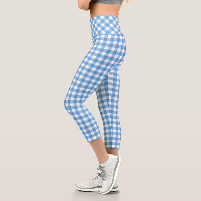 Blue and White Buffalo Plaid Capri Leggings (Left)