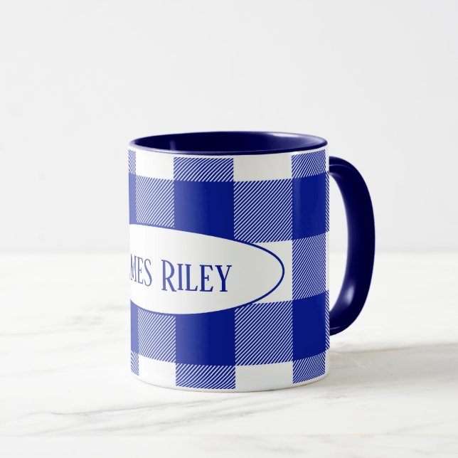 blue and white buffalo plaid with name mug (Front Right)