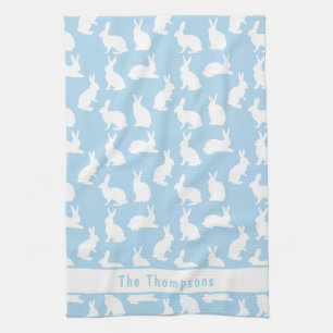 Blue And White Bunny Pattern And Name Easter Tea Towel