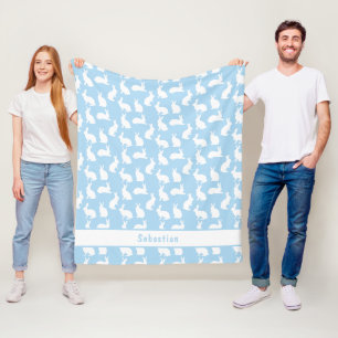 Blue And White Bunny Pattern Cute Rabbits And Name Fleece Blanket
