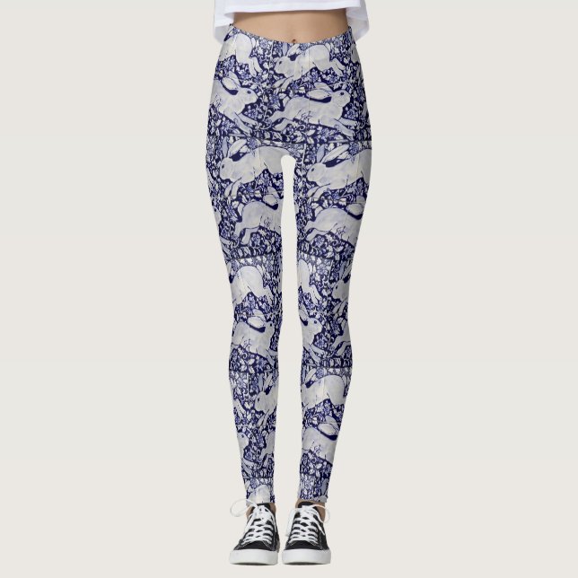 Blue and White Bunny Rabbit Designer Leggings (Front)