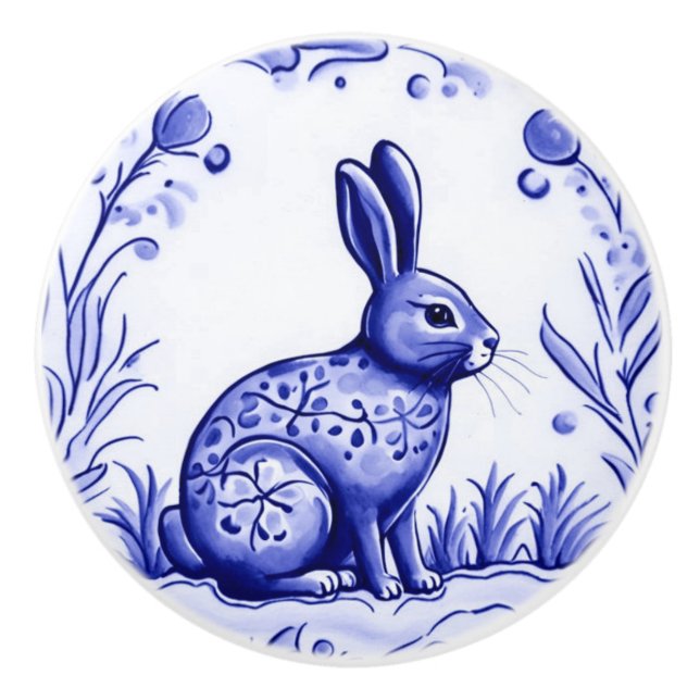 Blue and White Bunny Rabbit Mediterranean Folk Art Ceramic Knob (Front)