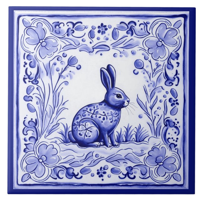 Blue and White Bunny Rabbit Mediterranean Folk Art Tile (Front)