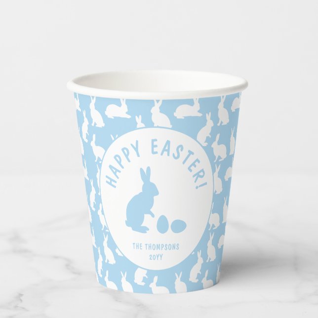 Blue And White Bunny Rabbit Pattern Happy Easter Paper Cups (Front)