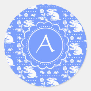 Blue and White Bunny Rabbits Vintage Style Pattern Classic Round Sticker