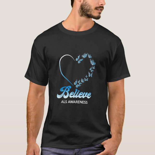 Blue And White Butterflies Heart Believe Als Aware T-Shirt (Front)