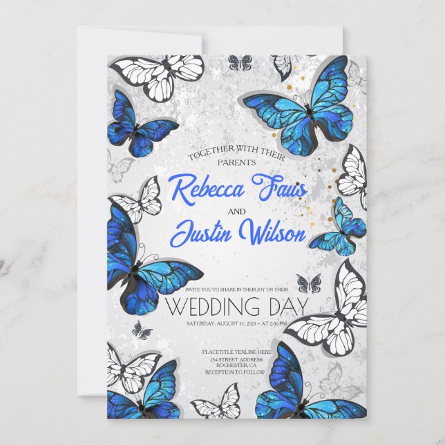 Blue and White Butterflies Morpho Monarch Invitation (Front)