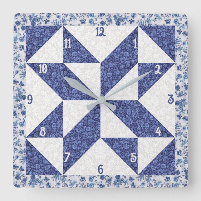 Blue and White Calico Pinwheel Faux Quilt Square Wall Clock (Front)