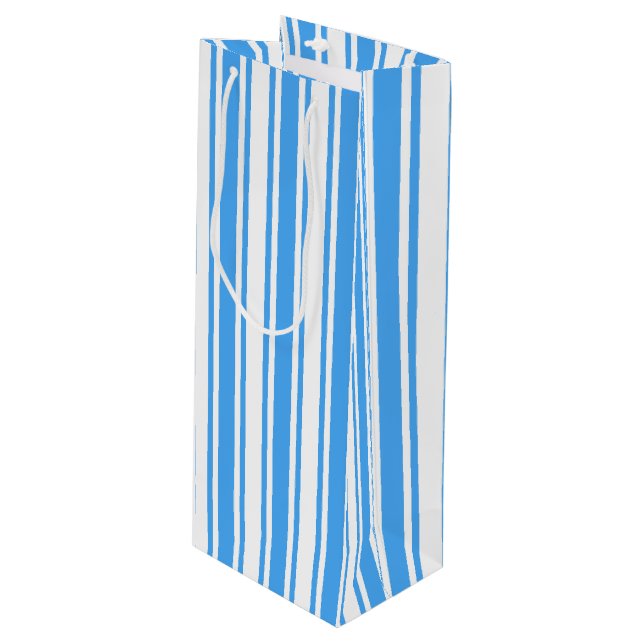 Blue and white candy stripes wine gift bag (Front Angled)