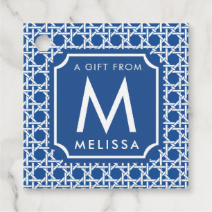 Blue and White Cane Rattan Monogram Favour Tags