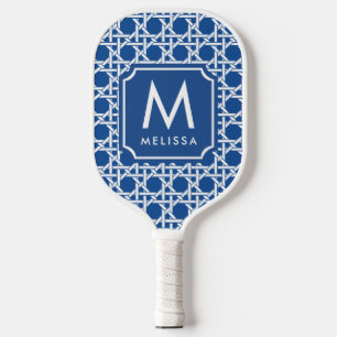 Blue and White Cane   Rattan   Monogram  Pickleball Paddle