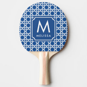 Blue and White Cane Rattan Monogram Ping Pong Paddle