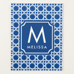 Blue and White Cane Rattan Monogram Planner
