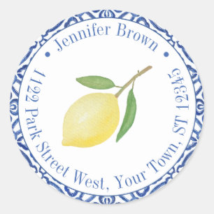 Blue And White Capri Lemon Wedding Return Address Classic Round Sticker