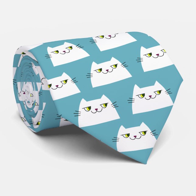 Blue and White Cat Pattern Tie (Rolled)