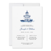 Blue and white chapel Rehearsal Dinner Invitation