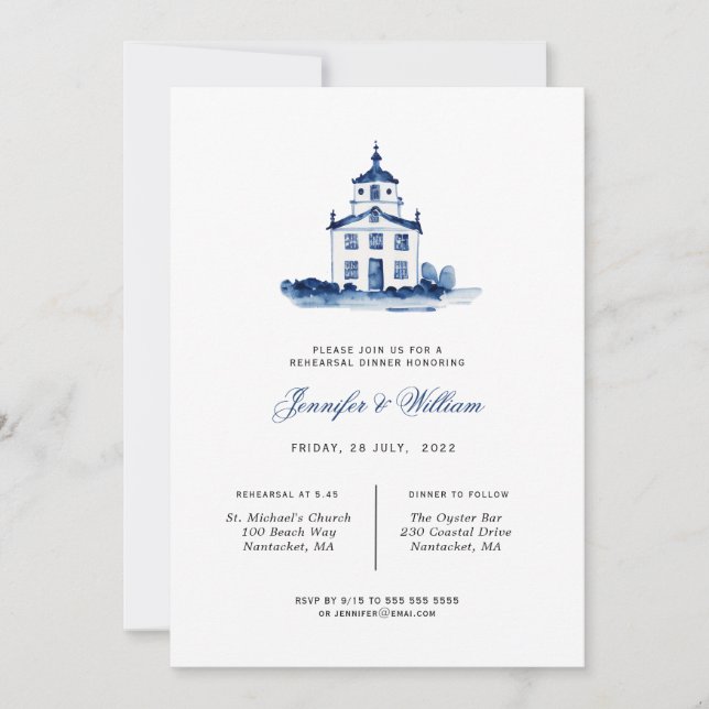 Blue and white chapel Rehearsal Dinner Invitation (Front)