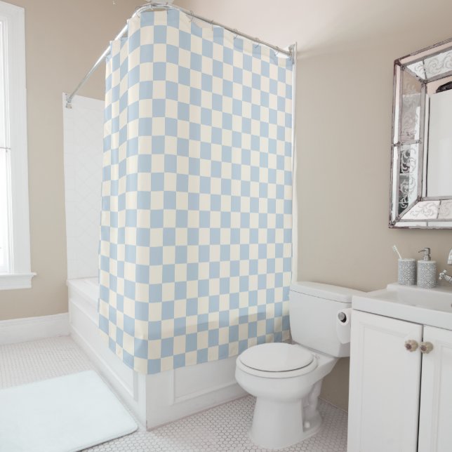 blue and white Checkerboard retro Check Shower Curtain (In Situ)