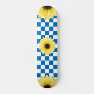blue and white Checkered & Sunflower Skateboard
