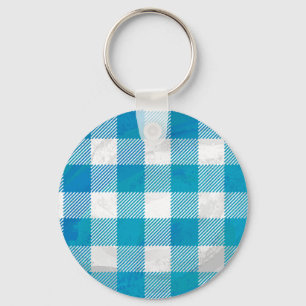 Blue and White Chequered Buffalo Plaid Key Ring