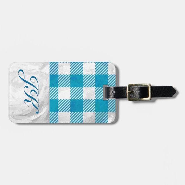 Blue and White Chequered Buffalo Plaid Luggage Tag (Front Horizontal)