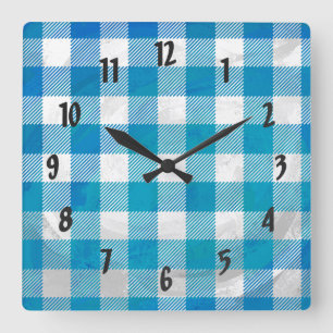 Blue and White Chequered Buffalo Plaid Square Wall Clock