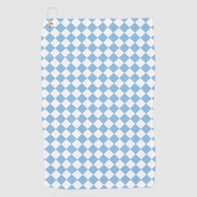 Blue and White Chequered Diamond Pattern Golf Towel (Front)