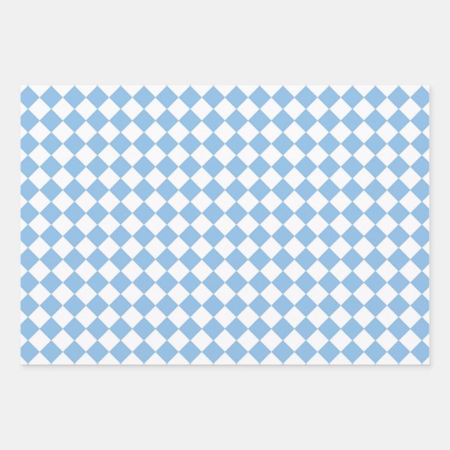 Blue and White Chequered Diamond Pattern Wrapping Paper Sheet (Front)