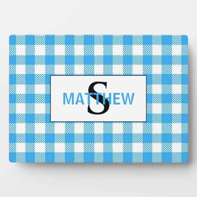 Blue and White Chequered Initial Monogram w Name Plaque (Front)