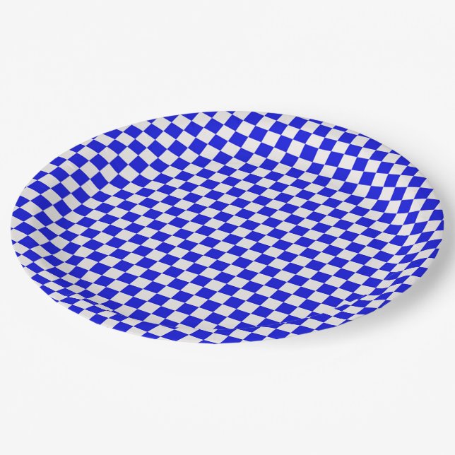 Blue and White Chequered Paper Plates (Angled)