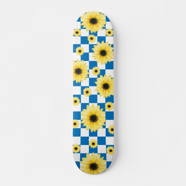 blue and white  Chequered & Sunflower Skateboard (Front)