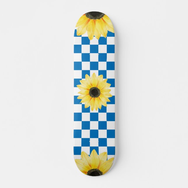 blue and white Chequered & Sunflower Skateboard (Front)