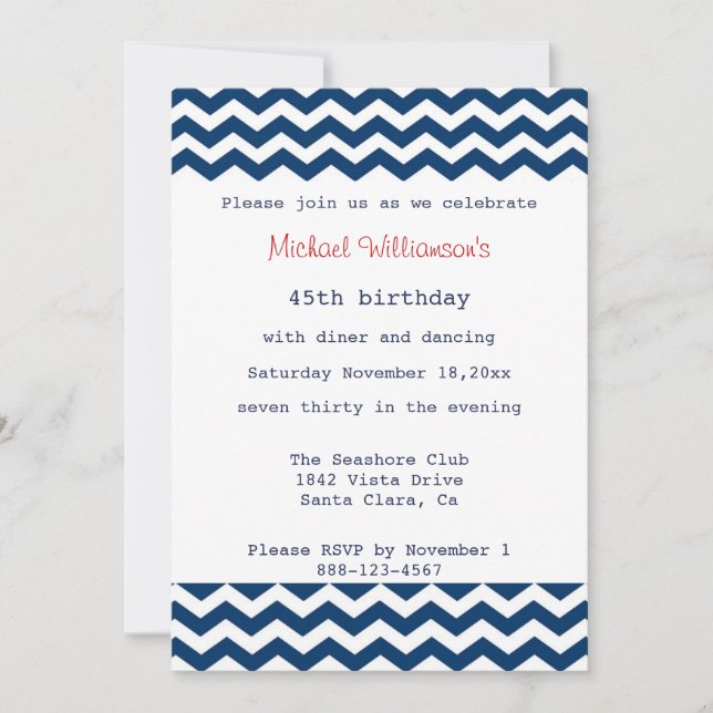 Blue and White Chevron Invitation (Front)