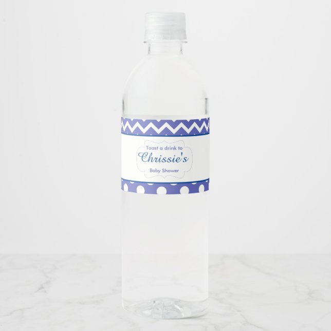 Blue and White Chevron & Polka Dot Baby Water Bottle Label (Front)