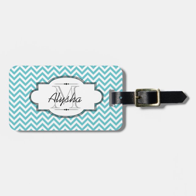 Blue and White Chevron Stripe Luggage Tag (Front Horizontal)