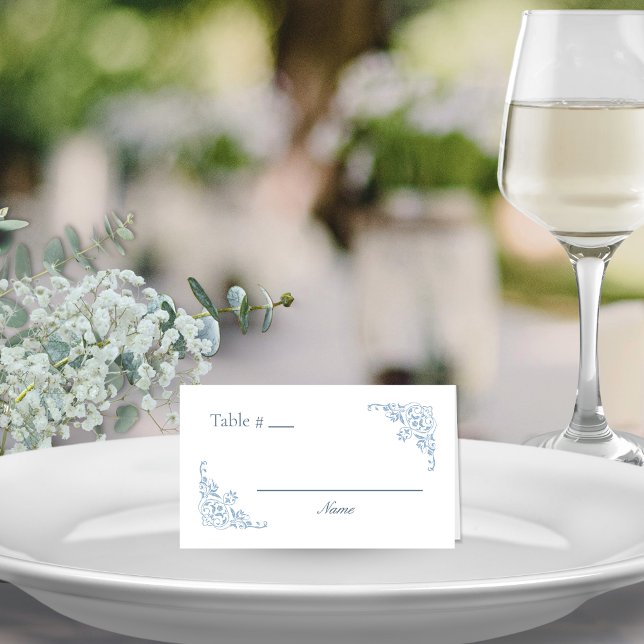 Blue and White Chic Blank Table Number Place Card (Elegant blue and white wedding place cards with fillable blank lines and bride groom names on back)
