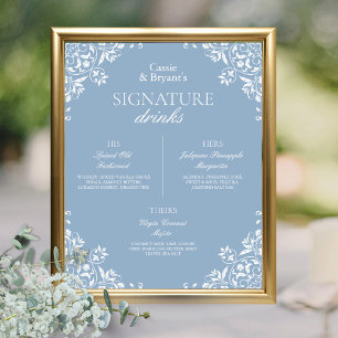 Blue and White Chic Wedding Signature Drinks Poster