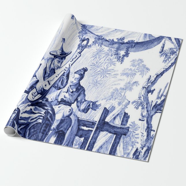 Blue and White Chinese Chinoiserie Decoupage Wrapping Paper (Unrolled)