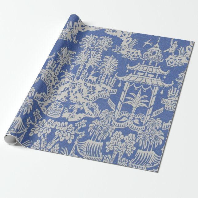 Blue and White Chinese Chinoiserie Decoupage Wrapping Paper (Unrolled)